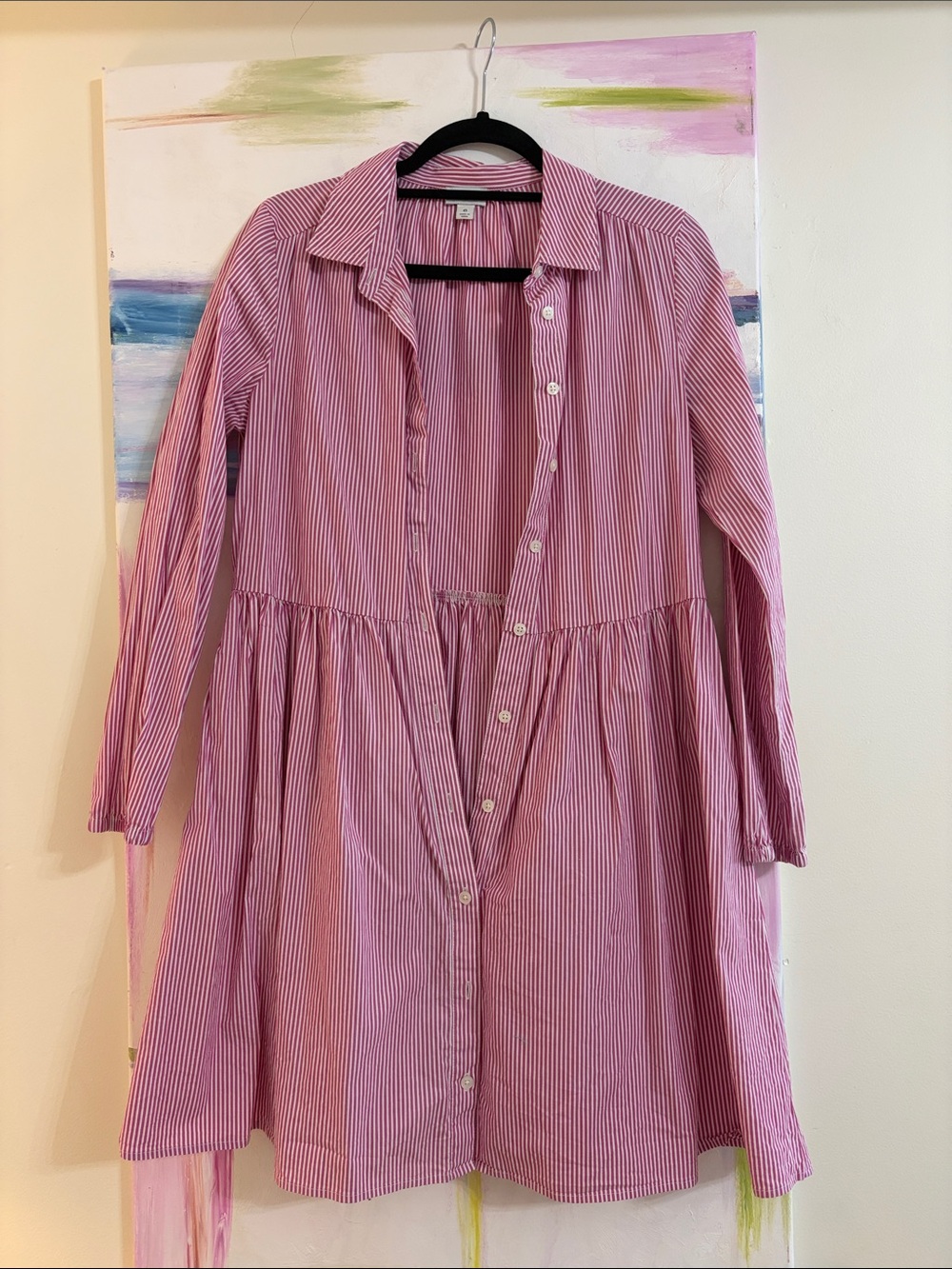 J. Crew Pink and White Striped Long-Sleeve Shirt Dress